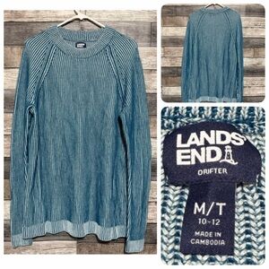 Lands End Drifter Sweater Women’s MT Blue Shaker Stitch Cotton Knit Pullover